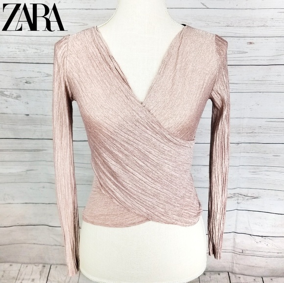 Zara Tops - Zara Cropped Crossover Dusty Rose Gold Blouse